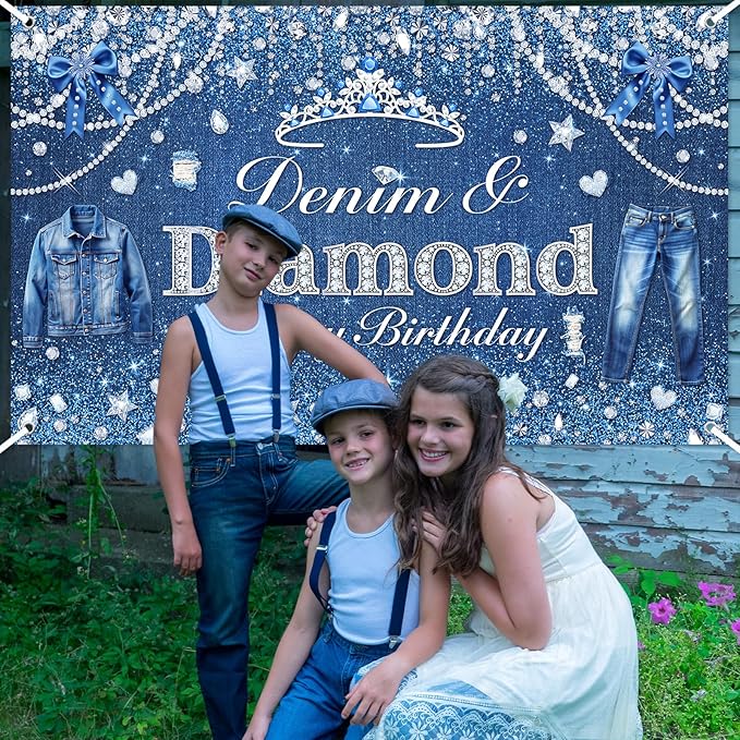 Avezano Denim and Diamonds Birthday Party Decorations Birthday Backdrop for Women Denim and Diamond Happy Bday Banner Crystal Party Supplies 6 x 3.6 ft