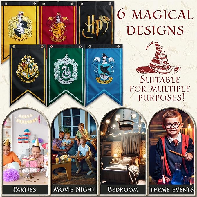 Harry Potter Gifts Banner Decorations Set of 6 Hogwarts House Flags 20x12 Inch Gryffindor, Slytherin, Ravenclaw, Hufflepuff Birthday Party Supplies (Multi Flags)