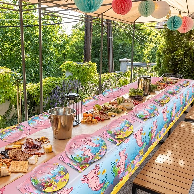 chiazllta 24 Guests Pink Axolotl Party Decoration Axolotl Birthday Party Supplies Favors Reptile Animals Tableware Set Disposable Plates Napkin Tablecloths for Axolotl Girl Decor 98 pcs