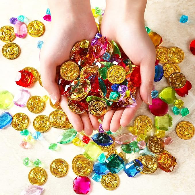 Gejoy 430 Pcs Summer Pool Pirate Party Favors Pirate Treasure Jewels and Gold Fake Coins Booty Chest Play Set with Drawstring Bag for Summer Diving Adventure Themed Party Decorations
