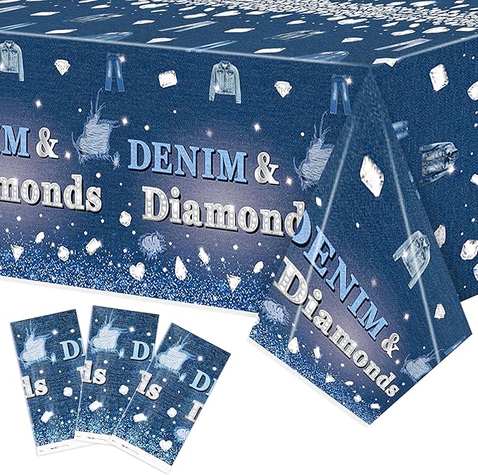 K1tpde Denim & Diamonds Party Tablecloth - 3PCS Denim Themed Blue Jacket Jeans Plastic Tablecloth, Disposable Jeans Tablecover for Adult, Crystal Birthday Party Supplies for Bachelorette Wedding Decor