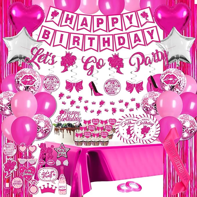 Hot Pink Birthday Party Decorations for Women Girls,Happy Birthday Banner,Hanging Swirl,Foil balloons,Party Supplies Decor for 10th 13th 16th 18th 21st