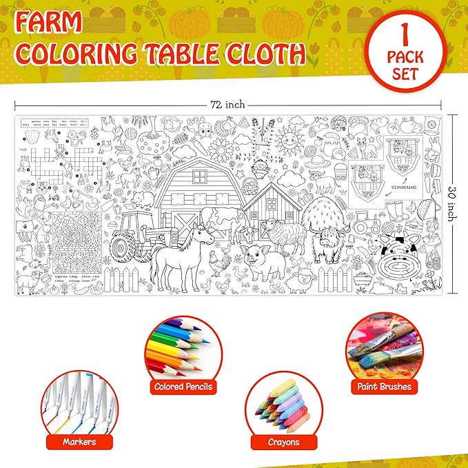 Farm Coloring Tablecloth for Kids, Giant 30x72 Inch Poster with Barns, Tractors, Animals, Perfect for Farm Party Games, Country Decorations, Classroom Activities, Event Supplies