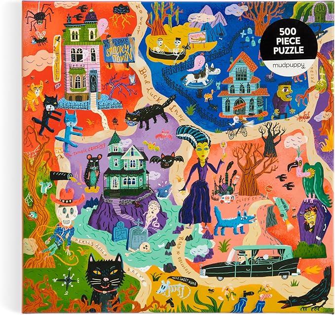 Mudpuppy Welcome to Spooky Town – 500 Piece Family Jigsaw Puzzle Featuring Bold and Spooky Illustrations of A Haunted Town Filled with Goblins Ghouls and Monsters