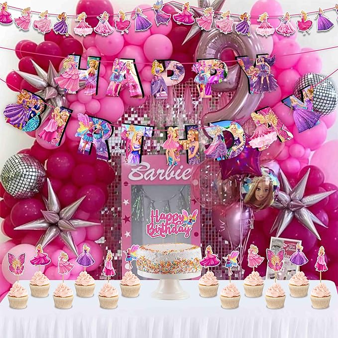 Barbe Theme Birthday Party Supplies - Decoration Set for Home Celebration, Cartoon Theme Party Décor Kit with Banner, Cake Topper and Table Decoration Accessories for Event Setup