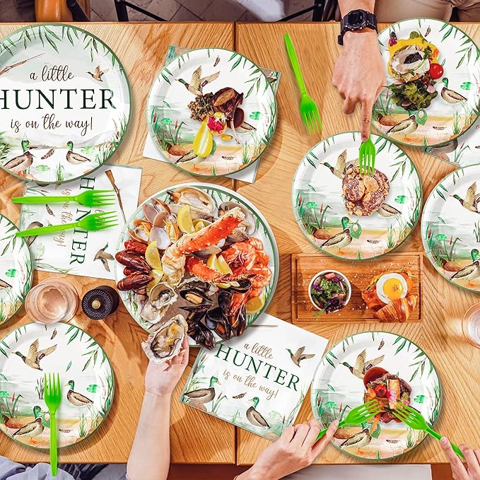 Mallard Duck Birthday Party Supplies - 96Pcs A Little Hunter is on the Way Plates Napkins Forks Tableware Set, Disposable Paper Plates Party Decoration for Birthday Baby Shower Table Decor, Serve 24