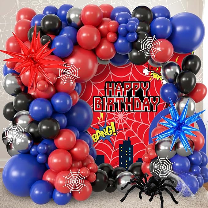 105Pcs Birthday Decorations for Boys, Red Blue Black Silver Balloon Garland Arch Kit with Starburst Foil Balloons for Kids City Defender Comic Vibe Baby Shower Party Supplies