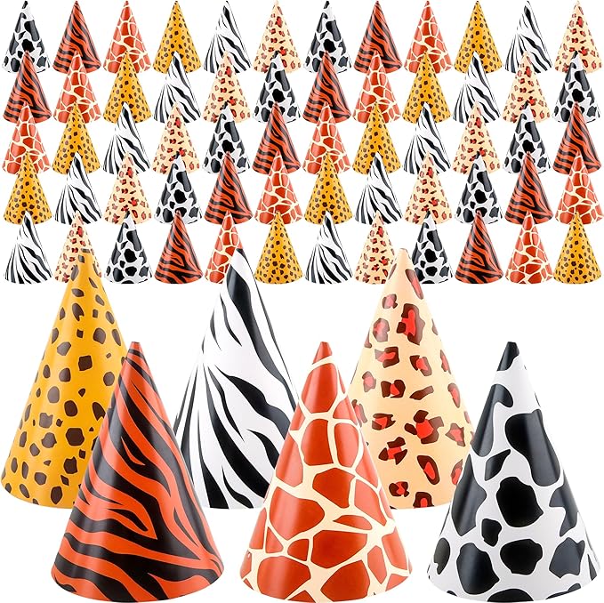 60 Pcs Jungle Party Cone Hats Leopard Print Paper Party Hats Safari Theme Birthday Party Cone Paper Hats for Kids Adults Jungle Animal Theme Party Supplies