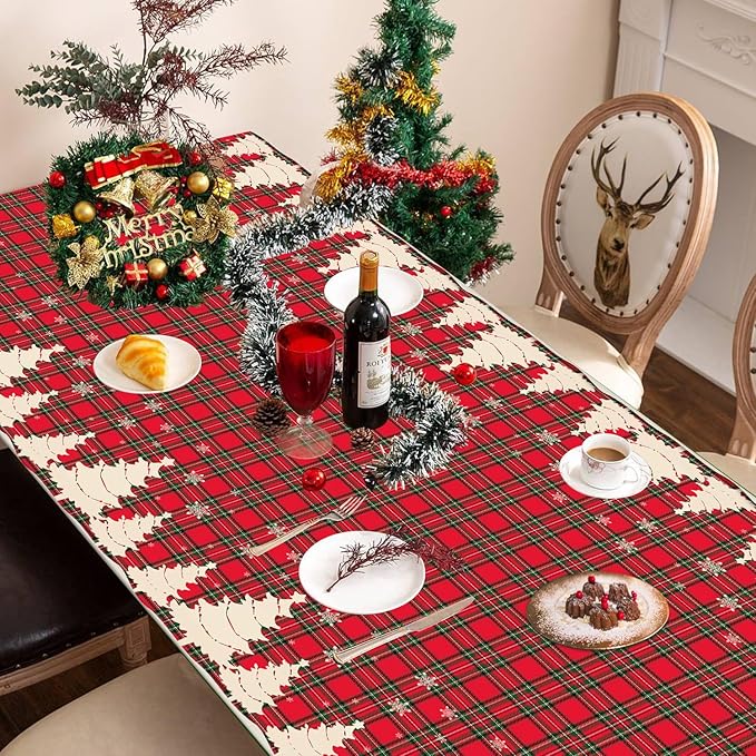 4 Pack Christmas Table Cloth Christmas Checkered Tablecloth Buffalo Plaid Table Cloth Christmas Party Table Cover Xmas Party Decoration with Christmas Tree and Snowflake 51 X 86 in