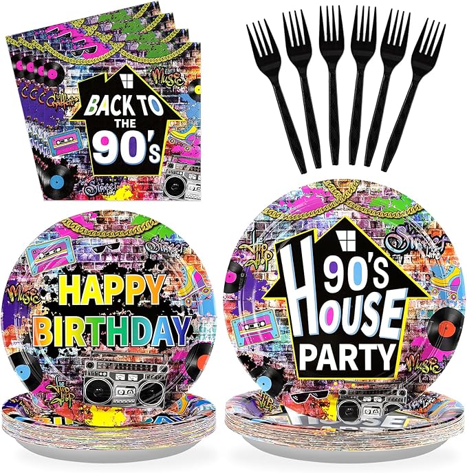 96 Pcs 90's House Party Supplies Disposable 90s Party Paper Plates and Napkins Retro Graffiti Wall Back To The 90' Tableware Set for Men Women 90s Birthday Hip Hop Party Decorations Serves 24