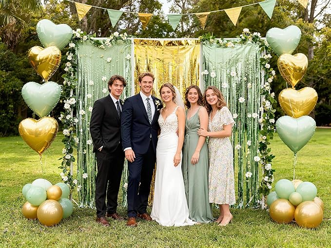 3 Packs Sage Green Gold Foil Fringe Curtains Light Green Birthday Decorations Extra Wide 9.9ft for Wedding Party Backdrop Bridal Shower Group Photos,Birthday Party Door Cover Each 3.3 x 6.5 ft