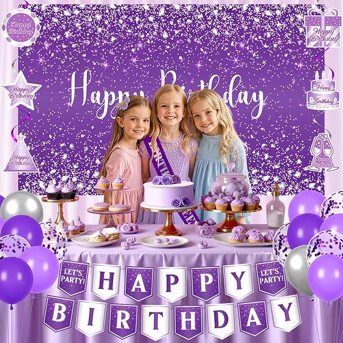 Purple Party Decorations for Women Girls Happy Birthday Banner Silver Glitter Backdrop Hanging Swirls Queen Sash 20PCS Purple Latex Balloons Set for Girl Sweet Princess Birthday Party Decor Supplies