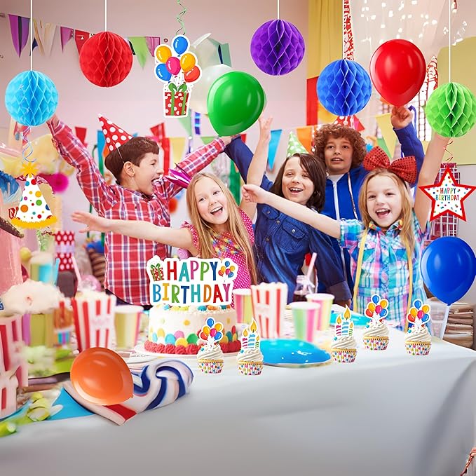 Happy Birthday Decorations For Women Men,Birthday Backdrop,Banner Balloons,Table Cloth,Paper pom poms Party Supplies for Girls Boys (Colorful)