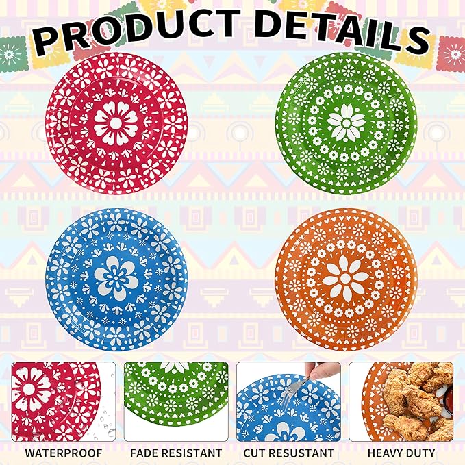 48PCS Fiesta Party Plates, 7 Inch Fiesta Paper Plates Cinco De Mayo Decorations Mexican Theme Party Decorations Supplies for Taco Birthday Baby Shower