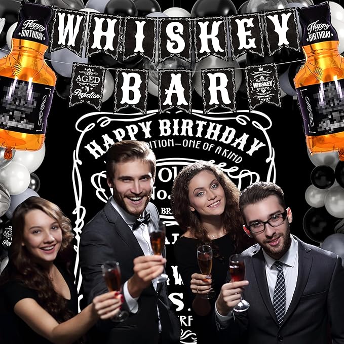 Whiskey Birthday Decorations for Men Aged to Perfection Birthday Party Supplies with Backdrop Tablecloth Whiskey Bar Banner Balloon Garland Poster for Men Adult Beer Party Decor