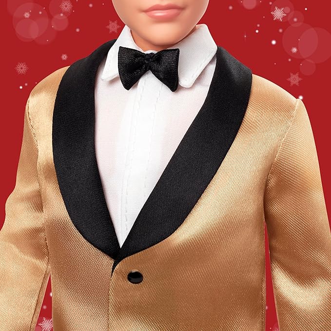 Barbie Signature 2025 Holiday Blonde Ken Collectible Fashion Doll Wearing Full Suit with Golden Jacket in Displayable Packaging & Doll Stand