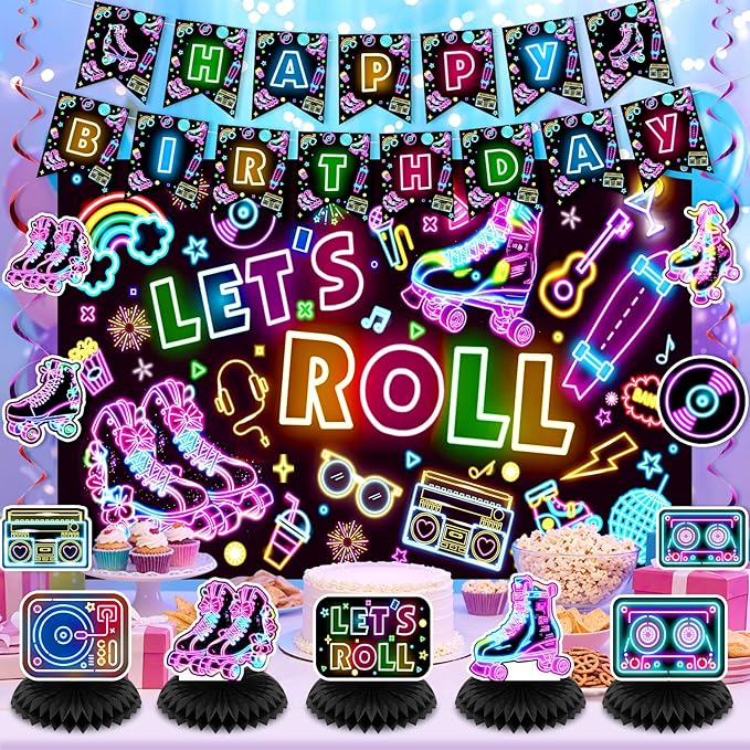 Roller Skating Party Decorations Glow Neon Happy Birthday Banner Let's Roll Backdrop Retro Roller Skating Honeycomb Centerpieces Hanging Swirl Decor for Kids Adults Hip Hop Rollerskate Party Supplies