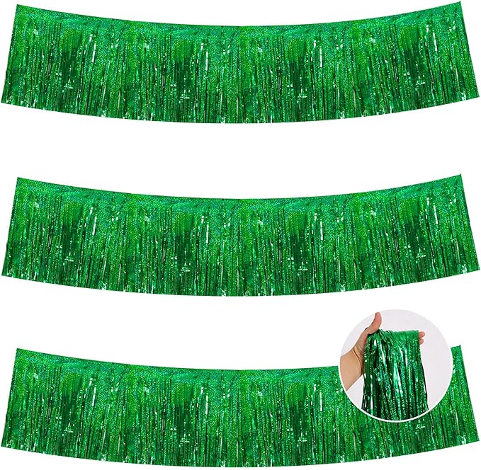 BEISHIDA 3 Packs Metallic Foil Fringe Garland Laser Green Wall Hanging Tinsel Fringe Banners for Car Floats Bridal Shower Wedding Birthday Easter Graduation Holiday Party Decoration(30 Feet)