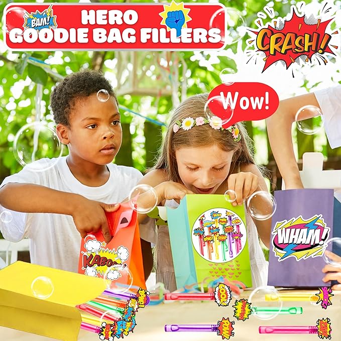 Hero Party Favors for Kids – 24PCS POW BAM ZAP Bubble Wands, Great for Birthday Supplies, Piñata Fillers, Goodie Bags & Classroom Rewards