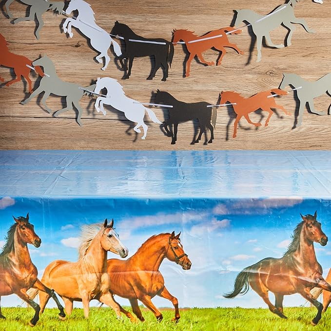 Outus Horse Party Decorations - 4 Pieces Supplies Including 2 Plastic Tablecloths and 2 Horse Garland Paper Banners for Themed Party Racing Activity