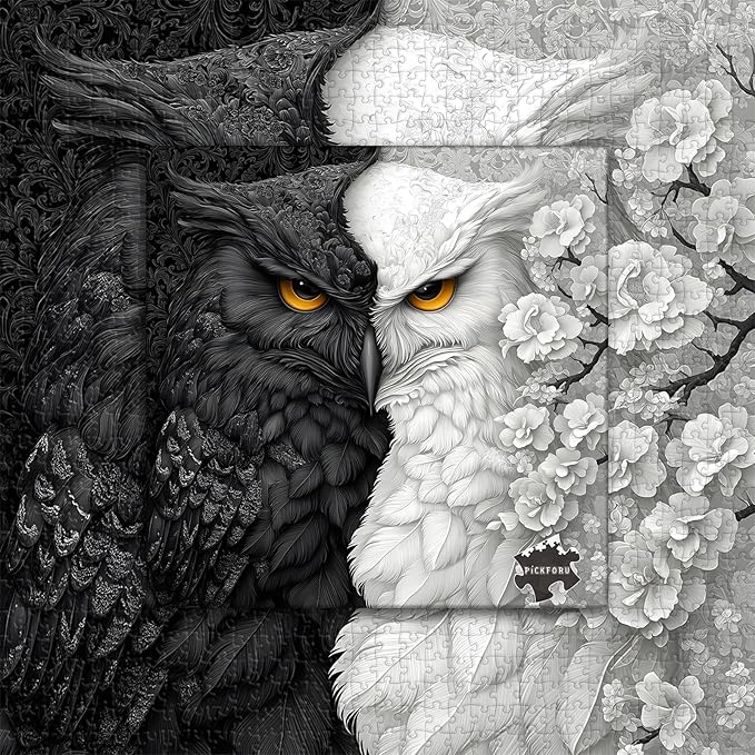 Yin Yang Owl Puzzle for Adults 1000 Pieces，Black and White Puzzles Owl Flowers, Impossible Difficult Hard Bird Jigsaw Puzzle, Animal Floral Art Challenge Puzzle Aesthetic