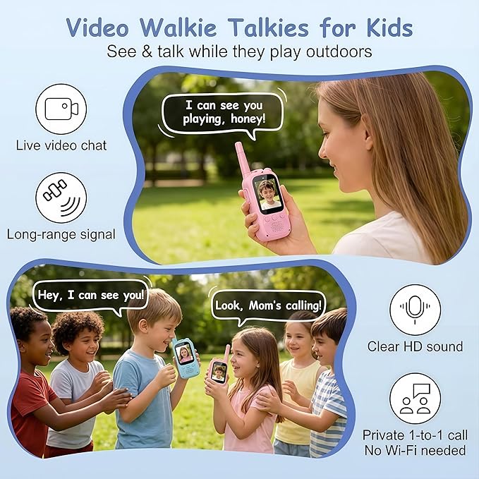 Kids Video Walkie Talkies for Kids Ages 3-5, 2 Pack Rechargeable Long Range Walkie Talkie with HD Camera Screen, Voice Changer Toy for Indoor Outdoor Adventure, Blue Pink