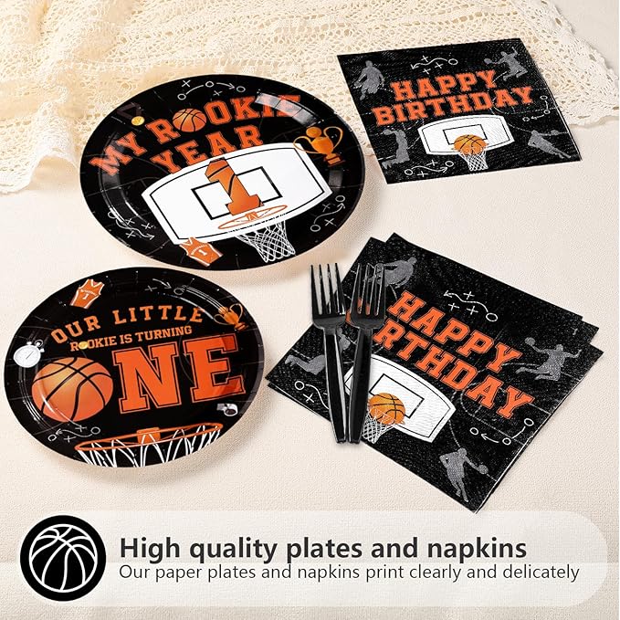 96Pcs Basketball 1st Birthday Party Supplies My Rookie Year First Plates and Napkins Disposable Basketball Theme 1st Tableware Set for Boys Kids One Year Old Baby Shower Party Decorations，Serves 24