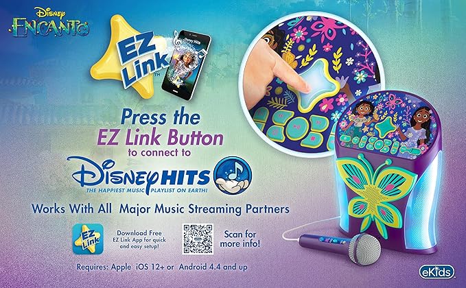 eKids Disney Encanto Karaoke Machine, Bluetooth Speaker with Microphone for Kids, with USB Port to Play Music, Easily Access Playlists with New EZ Link Feature