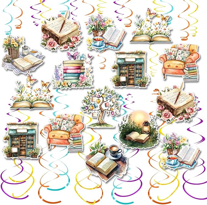 30CT Book Themed Hanging Swirls Party Decorations Vintage Book Party Decor Reading Lover Book Club Ceiling Streamers Book Sign Library Bookworm Supplies for Birthday Baby Shower Reading Party