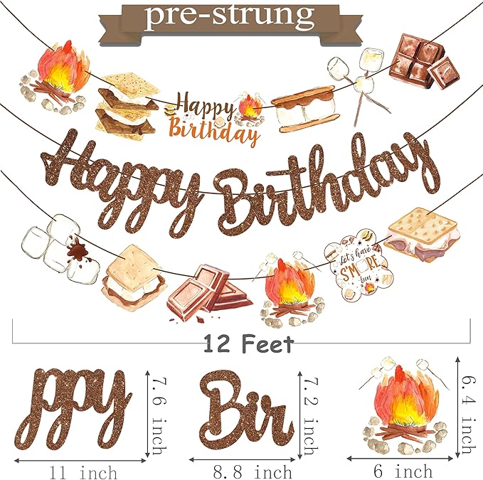 S'more Birthday Party Banners S'more Party Happy Birthday Banners Bonfire Camping Theme Hanging Decoration for Campfire Camper Birthday Party Baby Shower Supplies