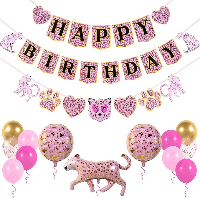 Pirese Pink Cheetah Happy Birthday Banner, Pink Cheetah Birthday Decorations, Leopard Party Decorations, Animal Birthday Party Decorations | Safari Party | Leopard Party Supplies | Animal Print