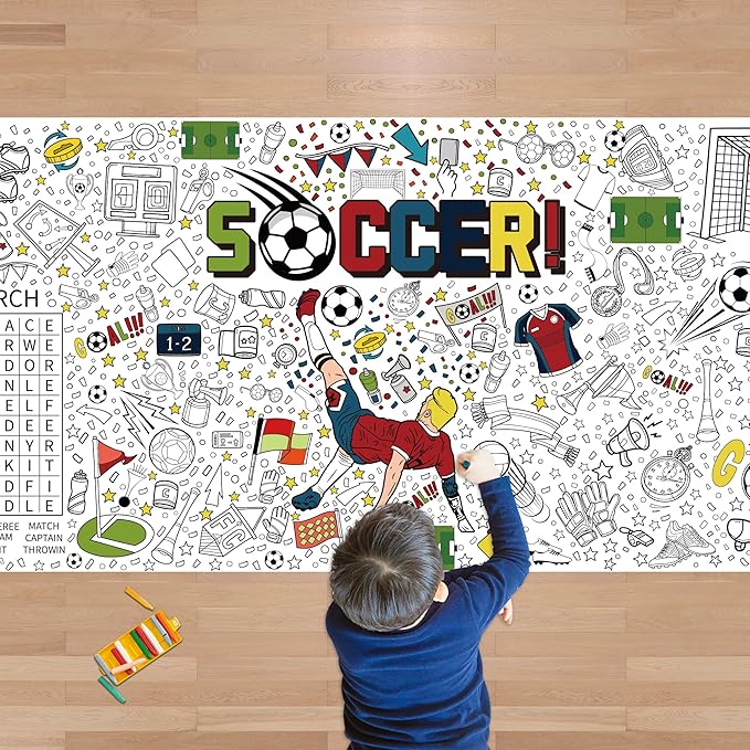 OHOME Soccer Giant Coloring Poster/Tablecloth - Soccer Themed Party Decorations - 30 x 72 Inches Jumbo Coloring Banner Kids Crafts Activities Decor Party Supplies