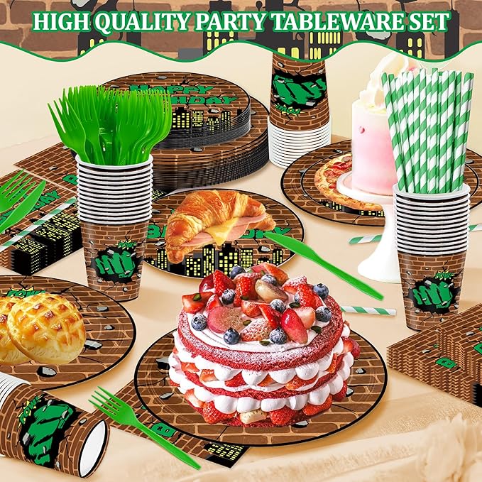 168PCS Green Hero Party Supplies SuperThemed Hero Birthday Party Decorations with Cartoon city Paper Plates and Napkins Forks Knives and Straws for 24 Guests