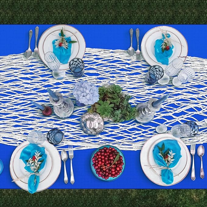 Unittype 6 Pcs Fish Net Decorative and Tablecloth Set, Cotton Fishnet and Plastic Table Cover Decorations Set for Nautical Themed Party Baby Shower Pirate Decorations Mermaid Party (Classic Color)