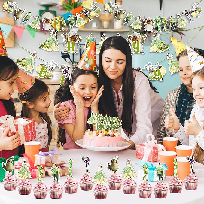 "The Princss and the Frog Theme Birthday Party Supplies – Cartoon Inspired Decorations for Girls – Happy Birthday Banner, Cake Topper, Garland, Cupcake Toppers – Magical Princss Theme Party Décor "