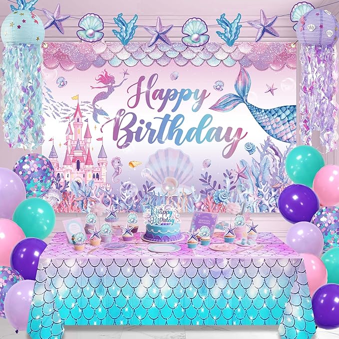 Mermaid Birthday Decorations For Women,Colorful Jellyfish Lanterns,Happy Birthday Backdrop,Banner Balloons,Table Cloth,Paper pom poms Party Supplies for Girls