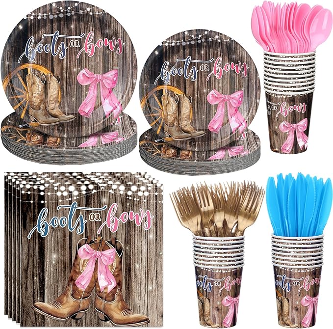 168 Pcs Boots Bows Gender Reveal Birthday Party Supplies Boy or Girl Birthday Party Decorations, Cowboy Boots Pink Bows for Baby Shower Decorations