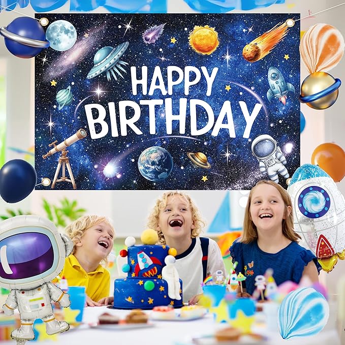 Outer Space Birthday Decorations for Boys,Party Decor Supplies Boy Including Happy Birthday Backdrop,Rocket Balloons Astronaut Foil Balloon
