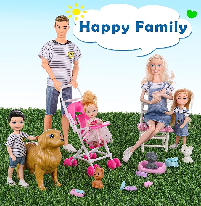 Dolls Family Playset with Baby Stroller Set- 6 People, Pets & Accessories for 3-12 Years Old | Toddler Gift with Pregnant Mom, Dad, 3 Kids, Dogs, and Interactive Play