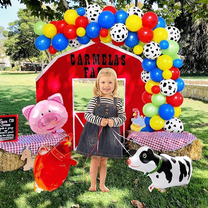 Golray 91Pcs Farm Animals Party Decorations Supplies, Farm Barn Animal Backdrop Farmhouse Decor Tablecloth Cow Print Horse Balloon Arch Garland Kit 1st Baby Shower Birthday Party Supply for Kids Girls