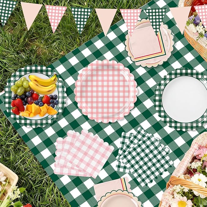 102 PCS Camp Bachelorette Decorations - Scalloped Gingham Plates, Napkins, Cups, Banner, Gingham Tablecloths for Baby Shower, Wedding, Birthday, Serves 25