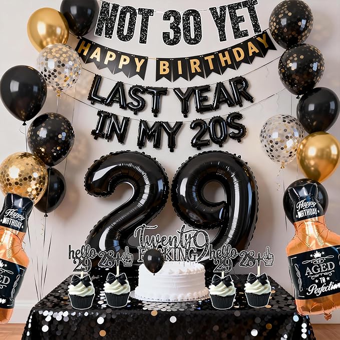 Last Year In my 20S Birthday Party Supplies for Men 29th Birthday Decorations include Balloon Banner Not 30 Yet Glitter Banner Cake Topper Cupcake Toppers Tablecloths(black and gold)