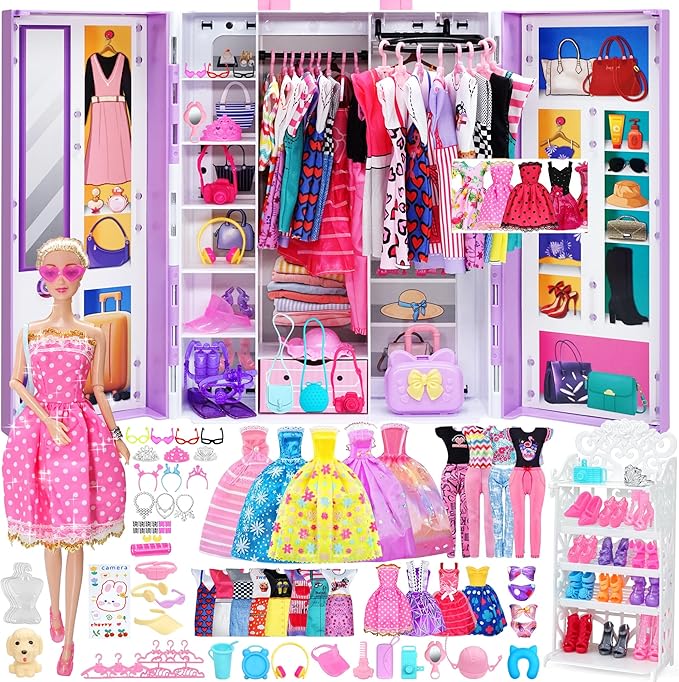 Doll Clothes and Accessories with Doll, Princess Gowns, Fashion Dresses, Jumpsuit,Slip Dresses, Hangers, Shoes, Dress up Toys for Girls Kids Toddlers Toy Birthday Gifts for Girls Age 3 4 5 6 7 8