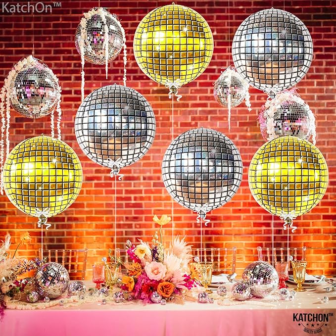 KatchOn, Large Gold and Silver Disco Ball Balloons - 22 Inch, Pack of 6 | 4D Sphere Disco Balloons for Disco Party Decorations, Bachelorette Party Decorations | New Years Decorations 2026