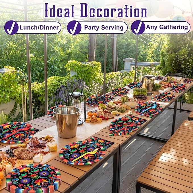 50 Guests Mexican Fiesta Plates and Napkins Party Supplies Mayo Datura Flower Party Decorations Disposable Tableware Set Day of The Dead Dinnerware Favor for Pinata Taco Theme Decor, 200PCS