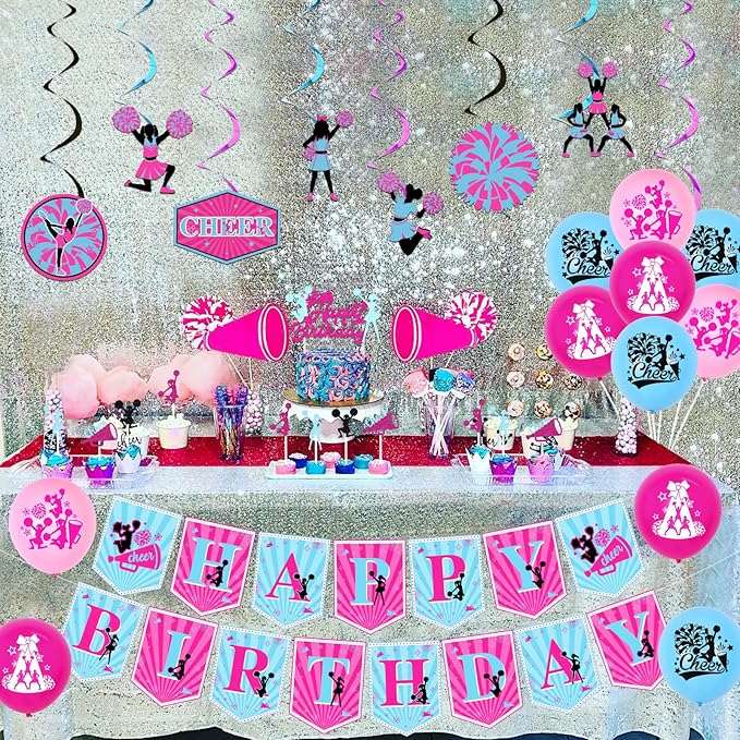 Cheerleading Party Decorations for Girls - Hot Pink Blue Happy Birthday Banner, Cake Topper, Hanging Swirls, Balloons for Cheer Gymnastics We've Got Spirit Party Supplies