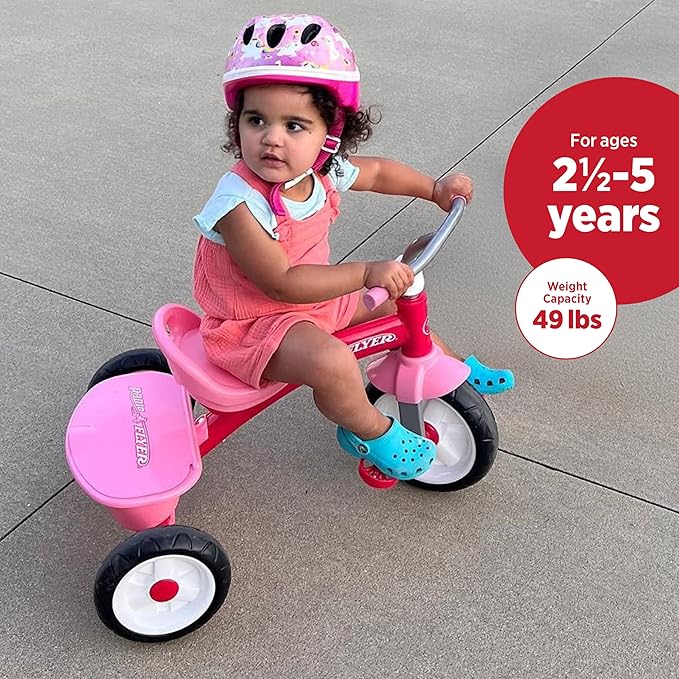 Radio Flyer Pink Rider Trike, Ages 2.5-5, Adjustable Seat, Steel Construction, Quiet Ride Wheels, Storage Bin, Comfort Grip Handlebars, Tricycle for Toddlers, Amazon Exclusive