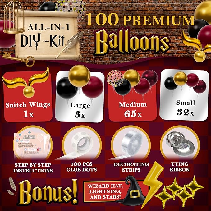 ALL-IN-1 Magical Wizard Balloons Garland Arch Kit with BONUS Hat, Wings, Lightning, Stars – Wizard Birthday Party Decorations & Supplies for Baby Shower, Chosen One, Burgundy Black Hogwarts Balloons