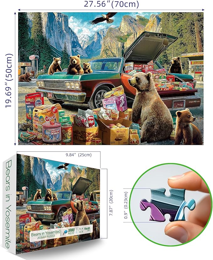 Blueforest Yosemite Bears Picnic Adventure 1000 Piece Puzzle for Adults - Challenging Wildlife Jigsaw Puzzle with Vintage Car, Granite Cliffs | Bonus Poster & Letters on Back (27.5" x 19.7")