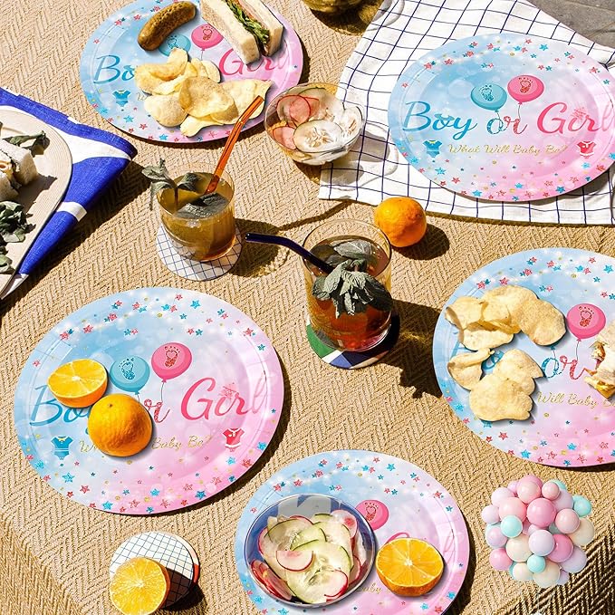 CANREVEL 96 PCS Gender Reveal Plates Set, Serve 24, Disposable Tableware for Gender Reveal Decorations, Boys Girls Kids
